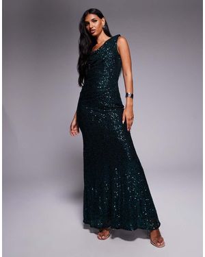 Goddiva Vestido Largo Verde Con Cuello Asimétrico Desbocado De Lentejuelas De - Azul