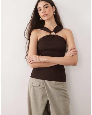 River Island Knitted Halterneck Brooch Top - Brown