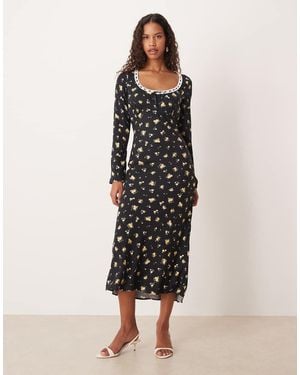 Nobody's Child Vestido Largo Negro De Manga Larga Con Estampado Floral Y Ribete De Encaje Naples De - Neutro