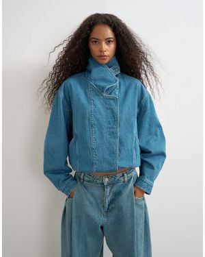 TOPSHOP Denim Elastic Waistband Bomber Jacket - Blue