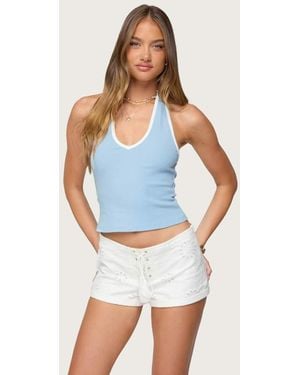Edikted Contrast Ribbed V Neck Halter Top - Blue