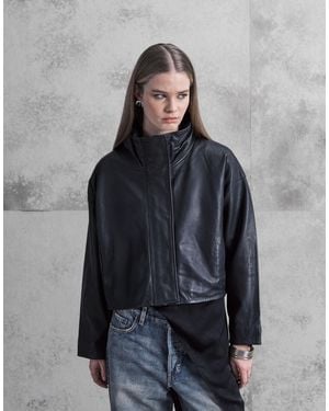 AllSaints Ryder Funnel Neck Relaxed Leather Jacket - Gray