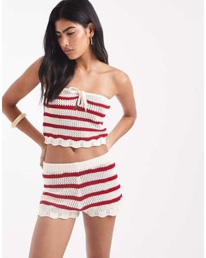 Miss Selfridge Knitted Stripe Crochet Booty Shorts Co Ord - Red