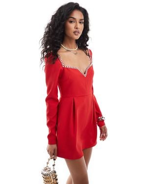 The Frolic Exclusive Diamante Trim Sweetheart Neckline Mini Dress - Red