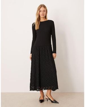 ASOS Long Sleeve Bardot Lace Skirt Midi Dress - Black