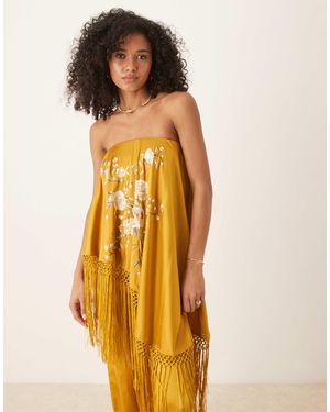 ASOS Embroidered Fringe Overlay Satin Jumpsuit - Yellow