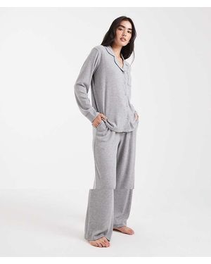 Brave Soul Super Soft Button Down Shirt And Trouser Pyjamas - Grey