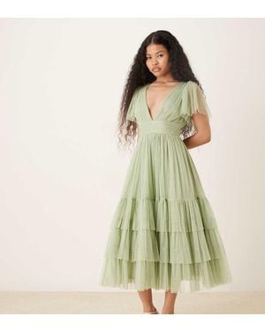 LACE & BEADS Bridesmaid Tulle Flutter Sleeve Plunge Neck Midi Dress - Green
