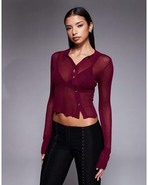 I.AM.GIA Davina 90s Fine Rib Knit Asymmetric Button Detailing Fitted Shirt - Red