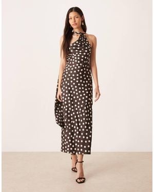Pretty Lavish Satin One Shoulder Scarf Neck Polka Dot Midaxi Dress - Natural