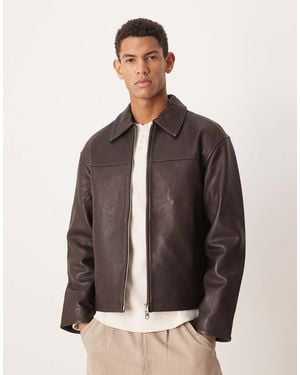 SELECTED Leather Zip Jacket - Brown