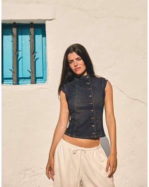 Bershka Cross-Button Denim Top - Blue