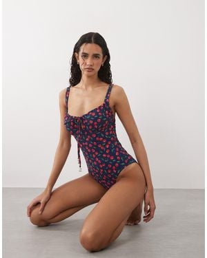 Accessorize Maillot 1 pièce à imprimé cerises - Bleu