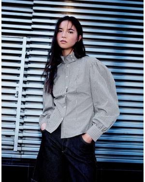 Bershka Long Sleeve Check Funnel Neck Shirt - Blue