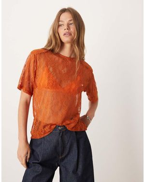 ASOS Lace Boxy Sheer Tee With Shoulder Pads - Orange