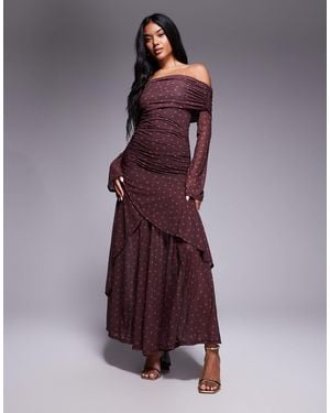 ASOS Stretch Chiffon Long Sleeve Bardot Maxi Dress With Ruffle Hem - Purple