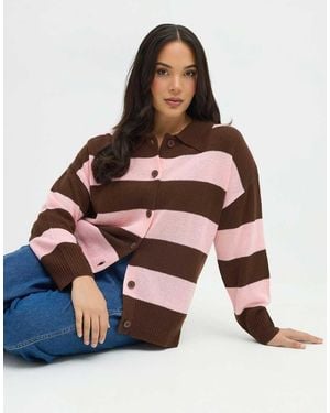 Yours Clothing Stripe Knitted Collared Cardigan - Brown