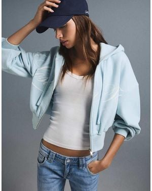 Bershka Felpa Con Cappuccio E Zip Azzurra Stampata - Blu