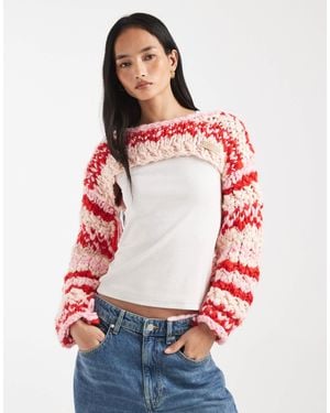 Kiwi & Co Pixie Contains Wool Hand Knitted Chunky Knit Fringe Sleeve Detail Shrug Sweater - Red