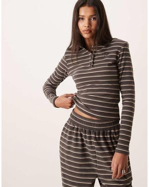 Wanderdoll Frankie Premium Heavyweight Jersey Collar Detail Long Sleeve Polo Top - Brown