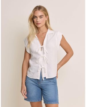 Nobody's Child Ember Linen Blend Collar Detail Tie Front Top - Blue