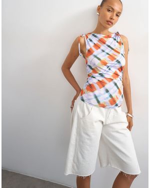 TOPSHOP Blurred Check Print Microfibre Ruched Shoulder Tank - White