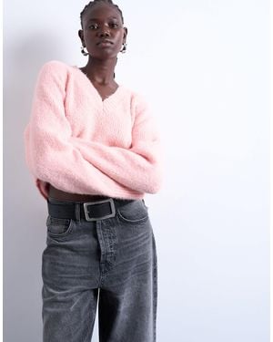 TOPSHOP Knitted Wool Blend Fluffy V Neck Sweater - Pink