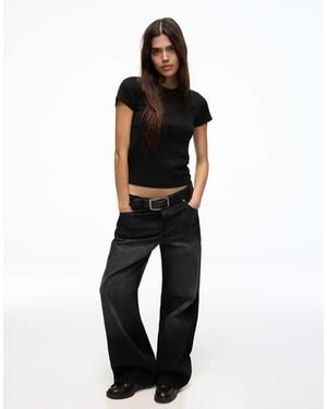 Bershka Basic Rib Short Sleeve T-shirt - Black
