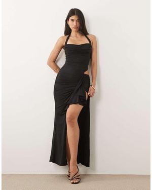 Oh Polly Halter Neck Cut Out Detail Thigh Split Maxi Dress - Black