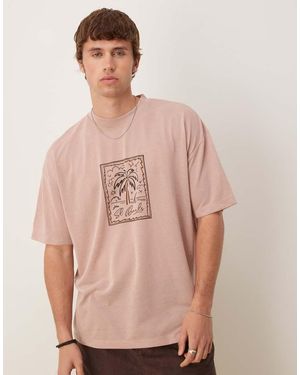 ASOS T-Shirt Oversize Effetto Lino Polvere Con Stampa Grafica Di Palma - Rosa