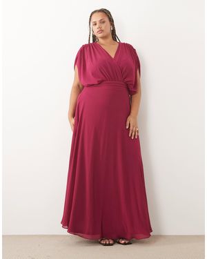 Tfnc Plus Tfnc Bridesmaid Plus Chiffon V-neck Drape Sleeve Pleated Maxi Dress - Red