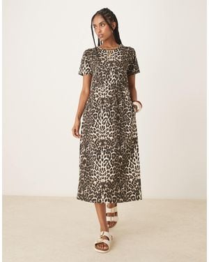 Threadbare – kurzärmliges midikleid aus jersey mit leopardenprint und tasche - Natur