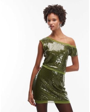 ASOS Co-ord Sequin Mesh Mix Off Shoulder Top - Green