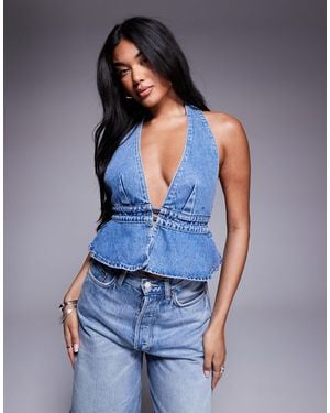 Princess Polly Sequoia Denim Halterneck Open Tie Back Peplum Top - Blue