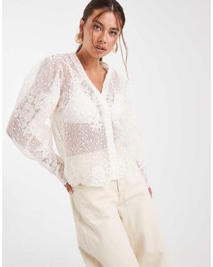 Object Blusa Color Crema Con Botones Delanteros De Encaje Transparente Con Cordón Premium De -Blanco - Neutro