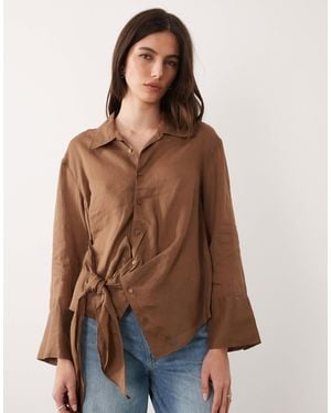 Mango 100% Ramie Tie Waist Shirt - Brown