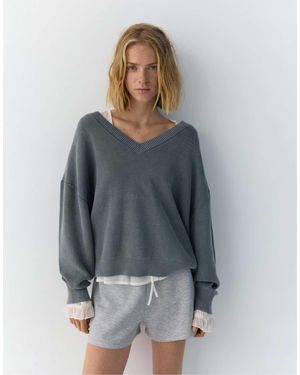 Pull&Bear Pull à col v - -bleu - Gris