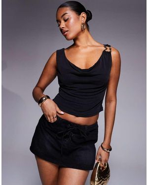 Princess Polly Slinky Gold Clasp Cowl Neck Top - Black