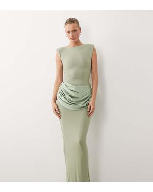 Wanderdoll Vestido Largo Verde Ajustado Sin Mangas Con Cuello Barco Y Detalle Drapeado En La Cintura De Satén Eman De