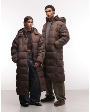 Collusion Unisex Longline Hooded Maxi Puffer Coat - Brown
