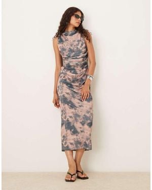 ASOS Mesh Sleeveless Ruched Midi Dress - Natural