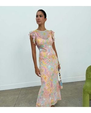 Never Fully Dressed Petite Frida Mesh Frill Sleeve Maxi Dress - Natural