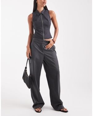 Vero Moda Tailored Pleat Front Wide Leg Trouser With Adjustable Button Waist - Blue