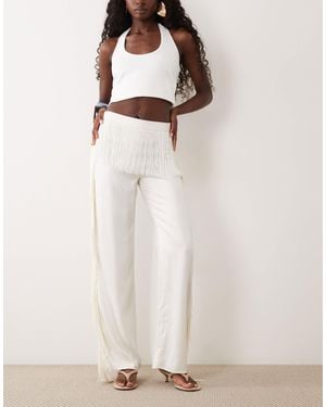 ASOS Satin Fringe Wide Leg Trouser - Natural