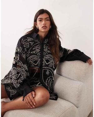 ARRANGE Embroidered Cutwork Oversized Shirt Co-ord - Brown