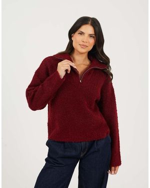 Brave Soul Boucle Yarn Jumper With Zip Neck - Red