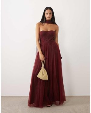 LACE & BEADS Tulle Corset Bandeau Scarf Detail Maxi Dress - Red