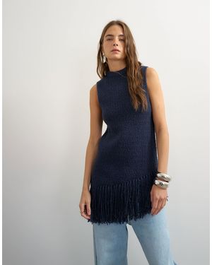 TOPSHOP Knit Asymmetric Fringe Trim Tunic - Blue