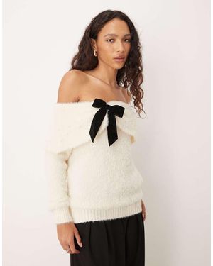 Lovedrobe Pearl Embellished Velvet Bow Bardot Jumper - White