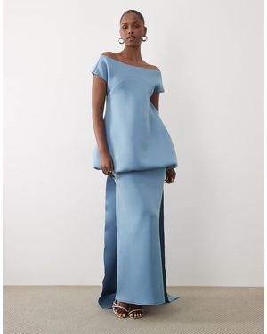 ASOS Bardot Maxi Dress With Train & Bubble Bodice - Blue